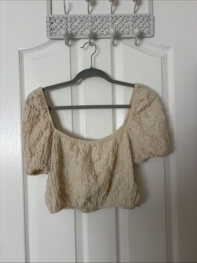 Zara Cream Textured Puff Sleeve Crop Top
